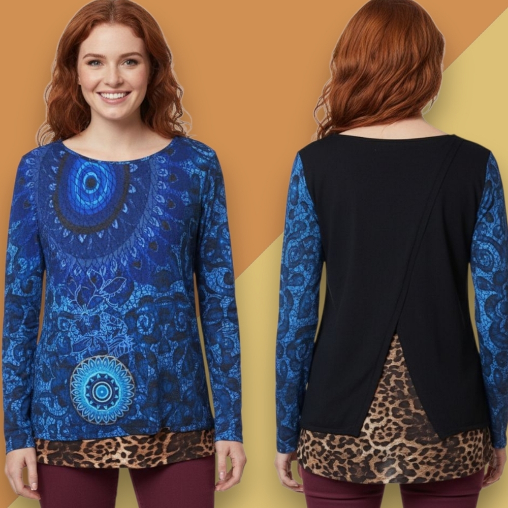 Desigual 2 Layer Leopard Print Multimedia Long Sleeve Top blue